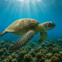GPT Image 1 Mini — A giant sea turtle swimming over a coral reef, und
