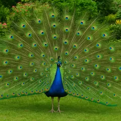 GPT Image 1 Mini — A peacock displaying its full tail feathers, vibra