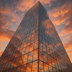 GPT Image 1 Mini — A modern glass skyscraper reflecting clouds at sun