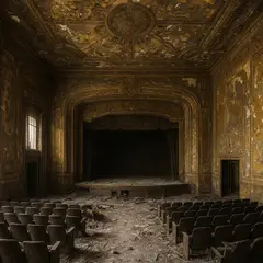 GPT Image 1 Mini — An abandoned Art Deco theater with peeling gold pa