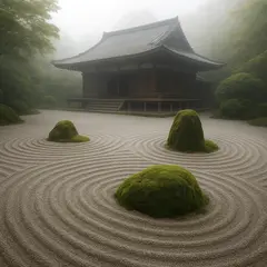 GPT Image 1 Mini — A Japanese zen garden with raked gravel, moss-cove