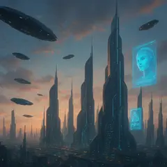 GPT Image 1 Mini — A futuristic city skyline with flying vehicles, sl