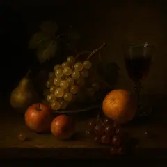 GPT Image 1 Mini — A still life of fruit and wine on a table, Dutch G