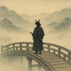 GPT Image 1 Mini — A lone samurai standing on a misty bridge, ukiyo-e