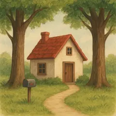 GPT Image 1 Mini — A small house between two tall trees, with a path 
