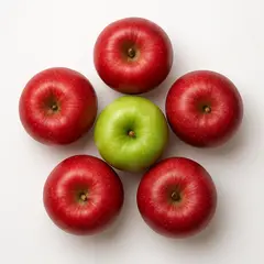 GPT Image 1 Mini — Five red apples arranged in a circle on a white ta