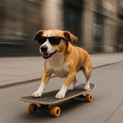 GPT Image 1 Mini — A dog wearing sunglasses riding a skateboard down 