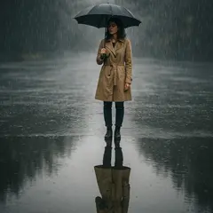 GPT Image 1 Mini — A woman holding an umbrella in the rain, reflected