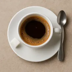 GPT Image 1 Mini — A cup of coffee on a saucer, with a spoon to the r