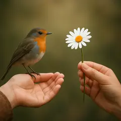 GPT Image 1 Mini — A bird perched on the left hand of a person, the r