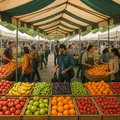 GPT Image 1 Mini — A busy farmer's market scene with at least six dif