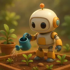GPT Image 1 Mini — A 3D render of a cute robot watering plants in a m