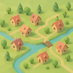 GPT Image 1 Mini — An isometric low-poly village with tiny houses, tr