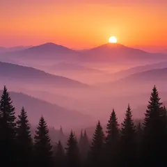 GPT Image 1 Mini — A misty mountain range at sunrise, layers of purpl