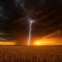GPT Image 1 Mini — A vast wheat field under a dramatic thunderstorm s