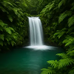 GPT Image 1 Mini — A waterfall cascading into a tropical pool surroun
