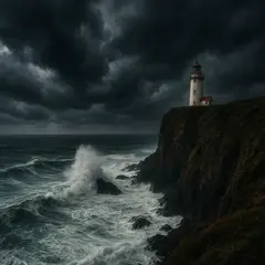 GPT Image 1 Mini — A coastal cliff with crashing waves below, lightho