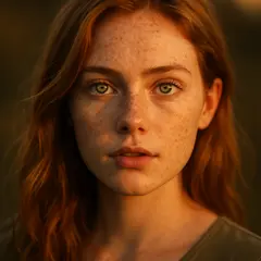 GPT Image 1 Mini — A young woman with freckles and green eyes, golden