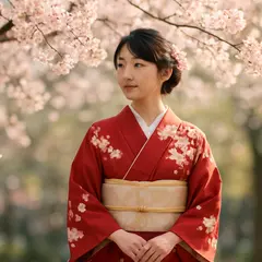 GPT Image 1 Mini — A Japanese woman in a red kimono standing under ch