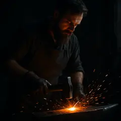 GPT Image 1 Mini — A bearded blacksmith in a dark workshop, sparks fl