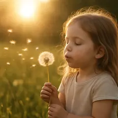 GPT Image 1 Mini — A child blowing dandelion seeds in a sunlit meadow