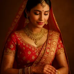GPT Image 1 Mini — An Indian bride in traditional red and gold leheng
