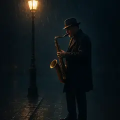GPT Image 1 Mini — A street musician playing saxophone under a lamppo