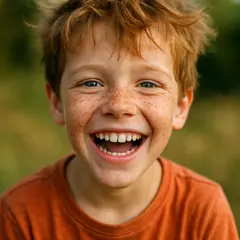 GPT Image 1 Mini — A freckled boy with bright blue eyes and messy hai