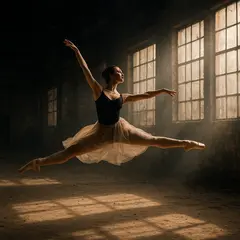 GPT Image 1 Mini — A ballet dancer mid-leap in an abandoned warehouse
