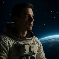 GPT Image 1 Mini — An astronaut without a helmet, face lit by Earth g