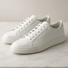 GPT Image 1 Mini — A pair of white leather sneakers on a marble count
