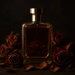 GPT Image 1 Mini — A bottle of amber perfume on a bed of dried roses,
