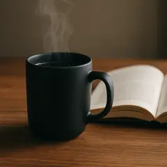 GPT Image 1 Mini — A matte black coffee mug with steam rising, placed