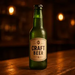 GPT Image 1 Mini — A green glass bottle of craft beer with condensati