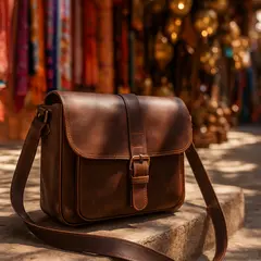 GPT Image 1 Mini — A leather messenger bag on a sun-dappled step in a