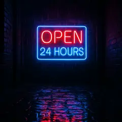 GPT Image 1 Mini — A glowing neon sign reading OPEN 24 HOURS in a dar