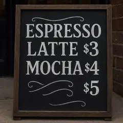 GPT Image 1 Mini — A hand-lettered chalkboard menu outside a coffee s