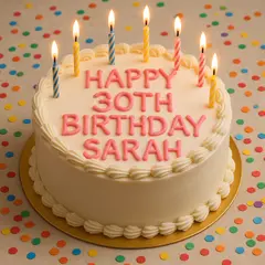 GPT Image 1 Mini — A birthday cake with HAPPY 30TH BIRTHDAY SARAH wri