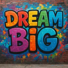 GPT Image 1 Mini — A graffiti mural on a brick wall spelling DREAM BI