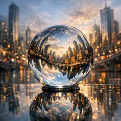GPT Image 1.5 — A glass sphere refracting a distorted cityscape, s
