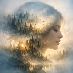 GPT Image 1.5 — A double exposure photograph combining a forest wi