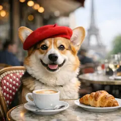 GPT Image 1.5 — A corgi wearing a red beret sitting in a Parisian 