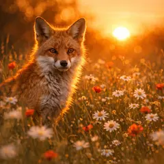 GPT Image 1.5 — A fox in a field of wildflowers, backlit by sunset