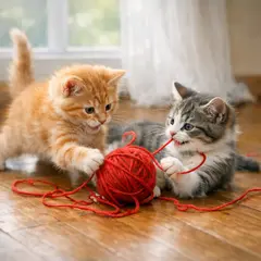 GPT Image 1.5 — Two kittens playing with a ball of red yarn on a h