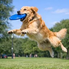 GPT Image 1.5 — A golden retriever catching a frisbee in mid-air a