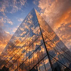 GPT Image 1.5 — A modern glass skyscraper reflecting clouds at sun