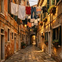 GPT Image 1.5 — A narrow cobblestone alley in Venice with colorful