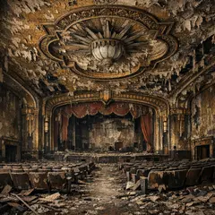 GPT Image 1.5 — An abandoned Art Deco theater with peeling gold pa