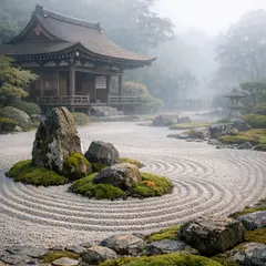 GPT Image 1.5 — A Japanese zen garden with raked gravel, moss-cove