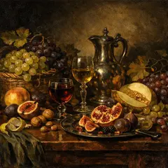 GPT Image 1.5 — A still life of fruit and wine on a table, Dutch G